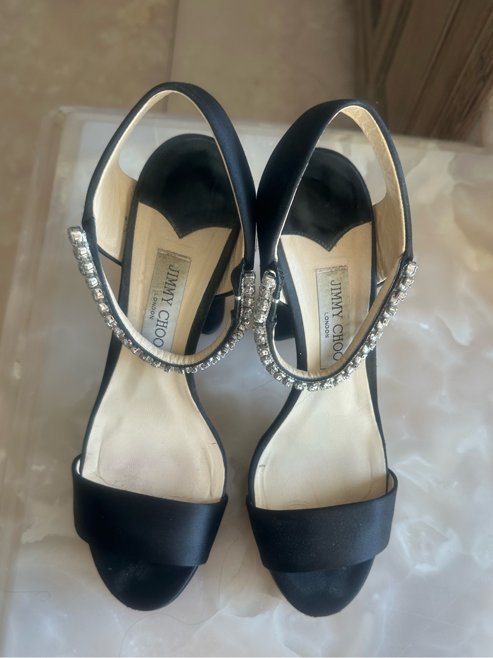 Gorgeous  Jimmy Choo black satin platform sandals an sparkling crystal strap.